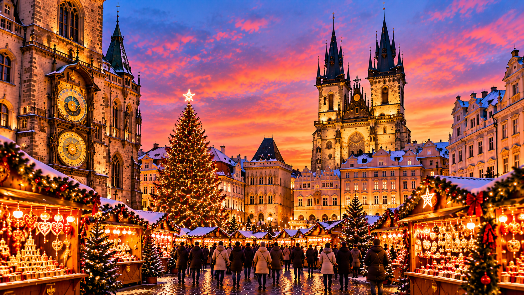 KI-generierte Darstellung des Weihnachtsmarkts auf dem Altstädter Ring in Prag mit beleuchteter Teynkirche, astronomischer Uhr und festlichem Weihnachtsbaum