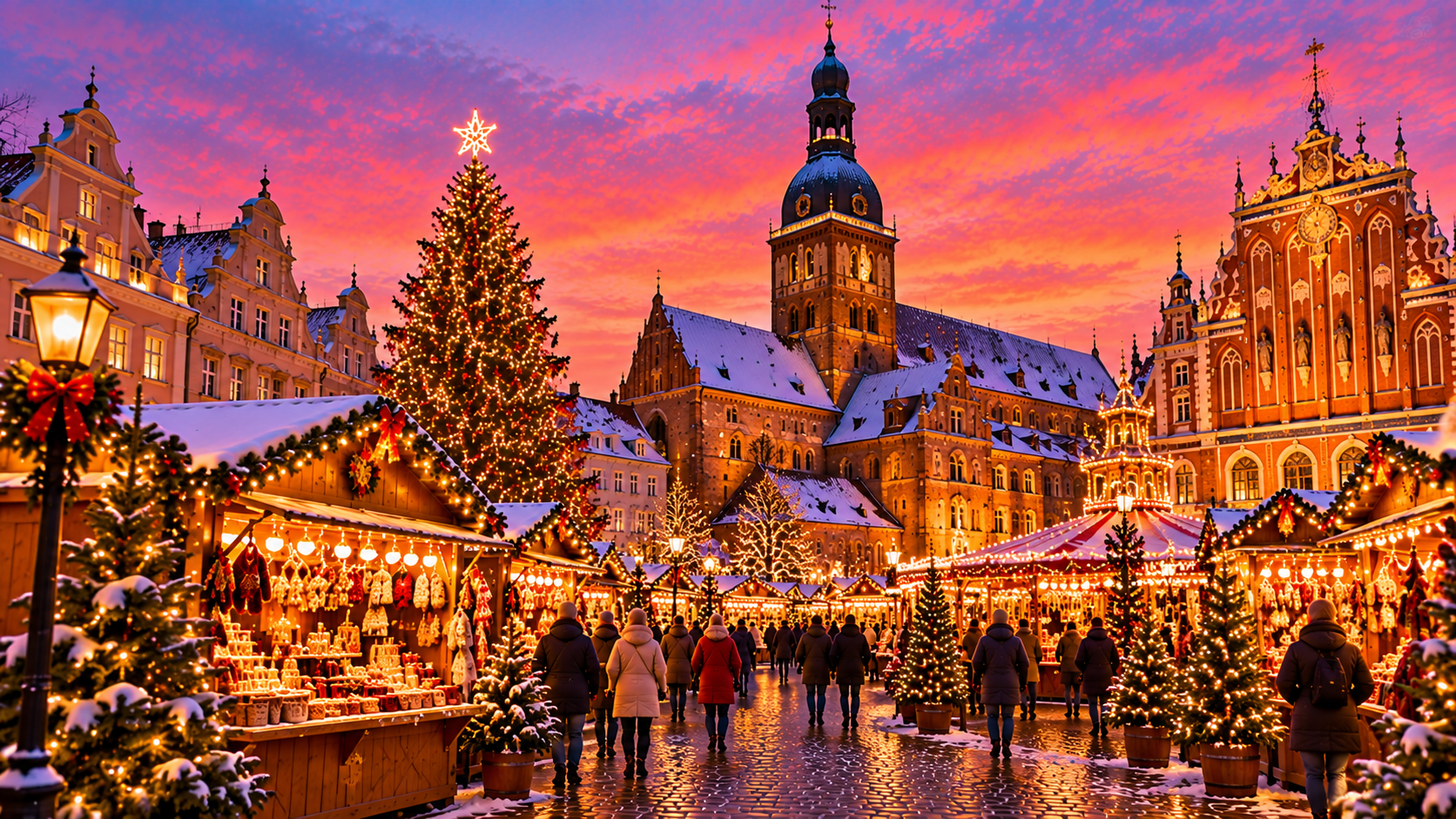 KI-generierte Darstellung des Weihnachtsmarkts in Riga mit beleuchtetem Rigaer Dom, großem Weihnachtsbaum, verschneiten Marktständen und historischer Altstadt