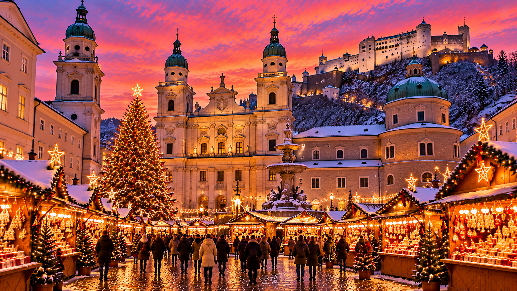KI-generierte Darstellung des Salzburger Christkindlmarkts am Domplatz mit beleuchtetem Salzburger Dom, festlichen Marktständen und Weihnachtsbaum