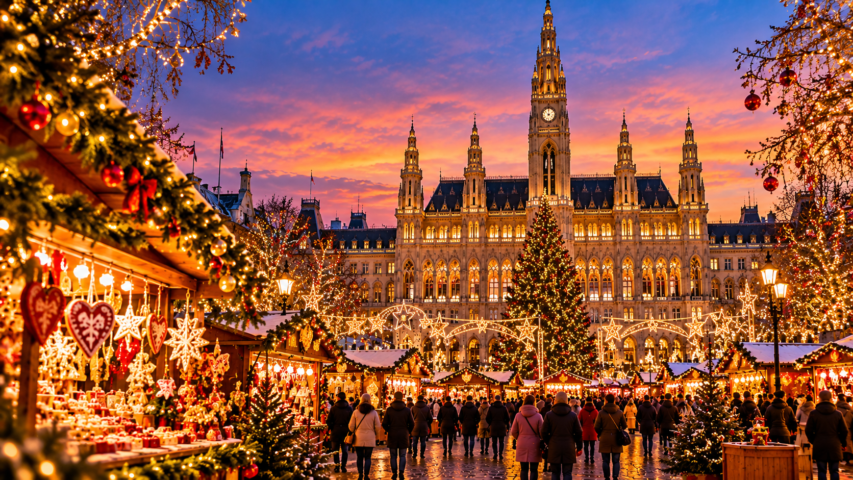Weihnachtsmarkt am Wiener Rathausplatz als KI-Illustration mit beleuchtetem Rathaus, Weihnachtsbaum und festlichen Marktständen