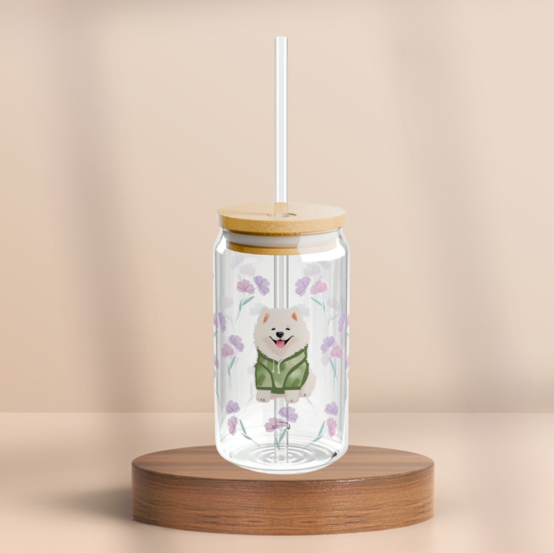 Samoyed Glass Tumbler-Pink & Purple Flower