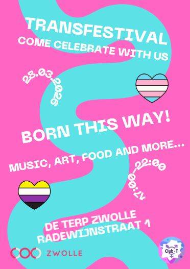 Poster Transfestival:  28 maart 26, 17:00-22:00 uur. De Terp - Radewijnstraat 1, Zwolle.