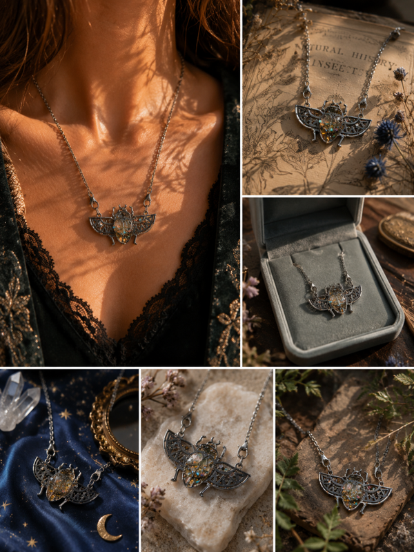 Collier grand scarabée argenté pailleté