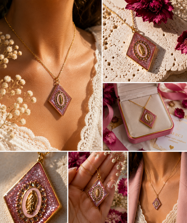 Collier vierge Marie rose et strass