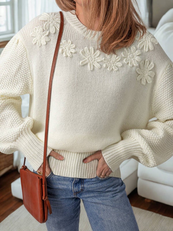 The Marigold Bloom Sweater – Puff Sleeve Contrast Knit