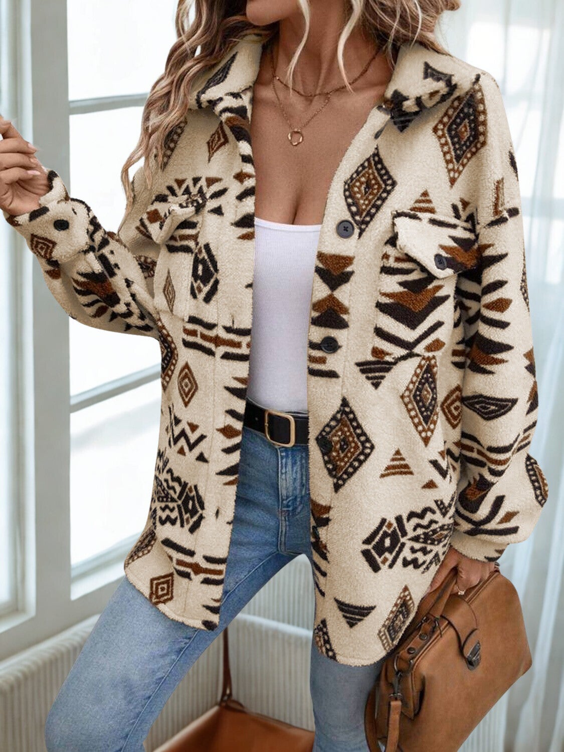 Geometric Button Up Dropped Shoulder Jacket