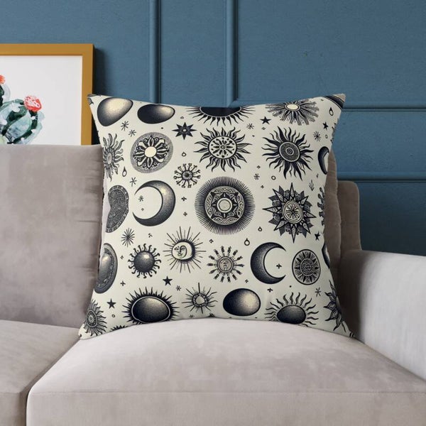 Celestial Patterns Square Poly Canvas Pillow Moon and Sun
