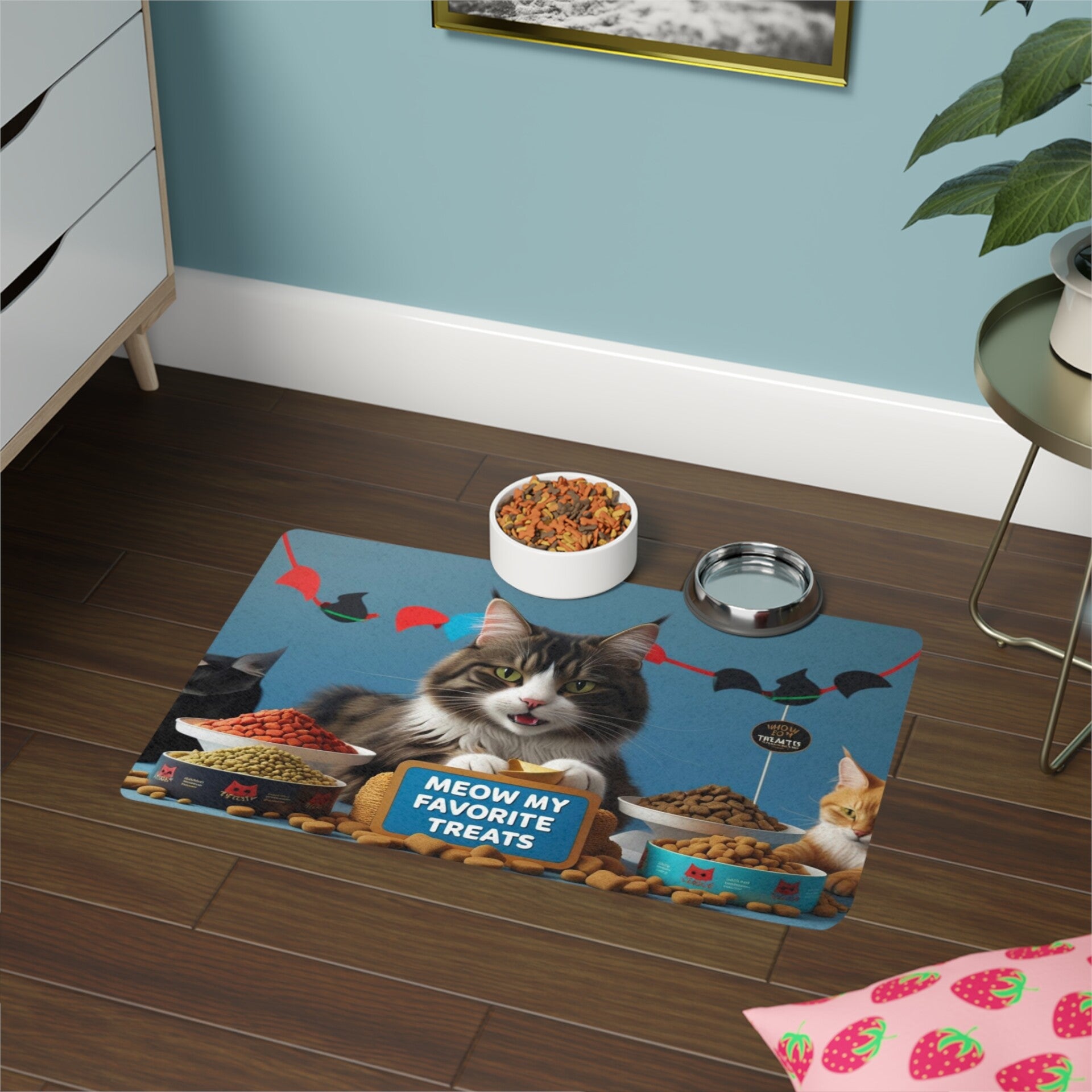 Whimsical Cat Pet Food Mat - Meow My Favorite Treats