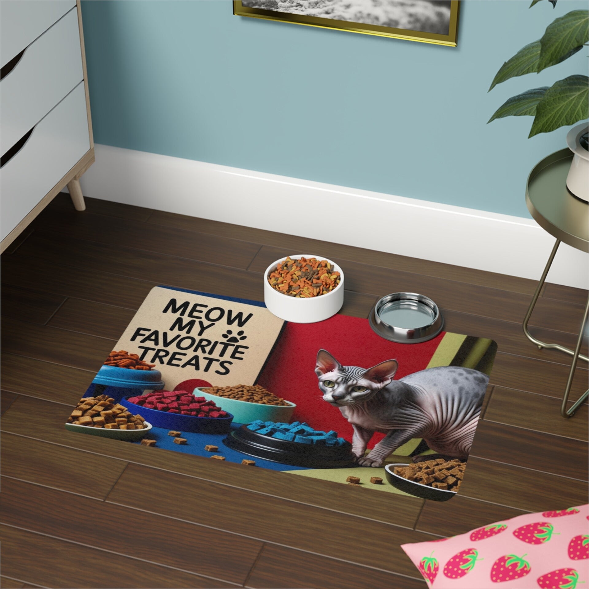 Cat Food Mat with 'Meow My Favorite Treats' Design