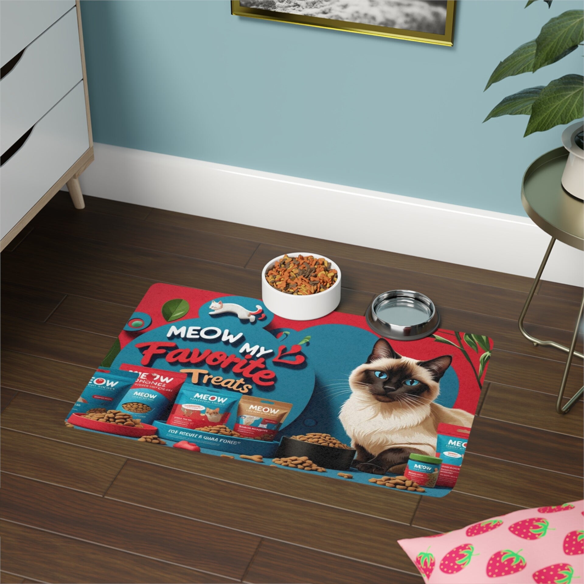 Colorful Cat Food Mat with Meow My Favorite Treats