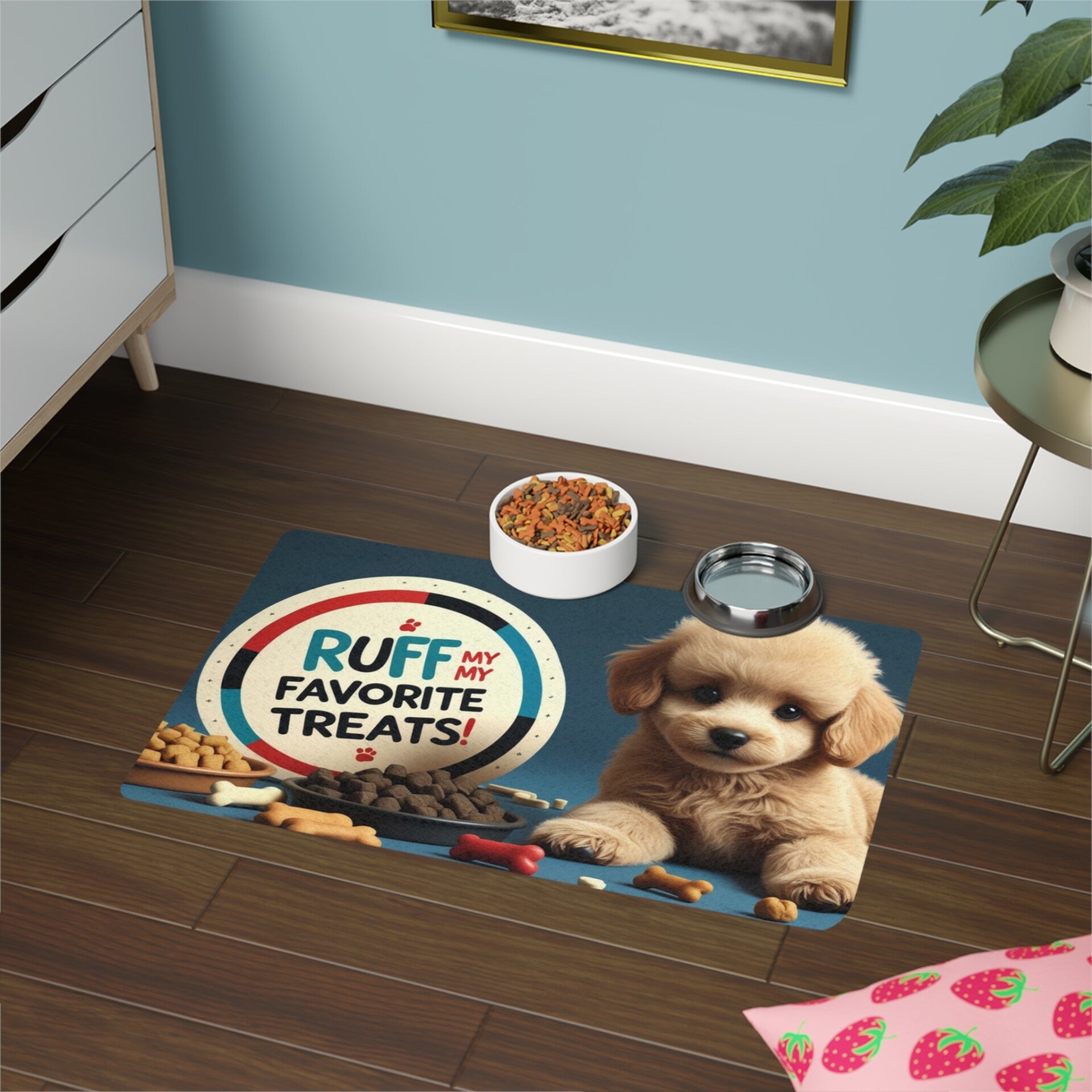 Cute Dog-Themed Pet Food Mat Ruff My Favorite Treat