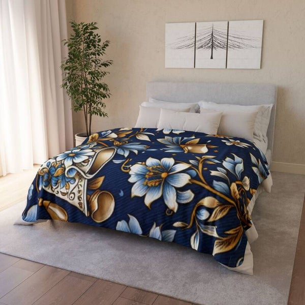 Sherpa Fleece Blanket Floral Pattern Blue Blanket