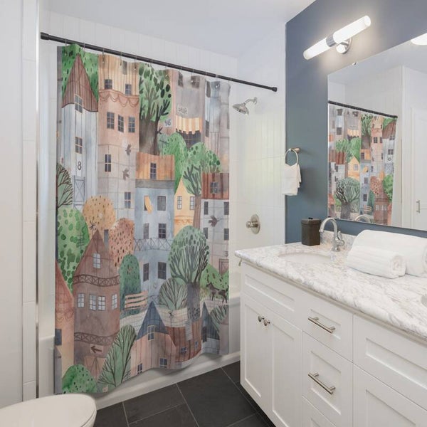 Whimsical Village Shower Curtain – Cozy Storybook