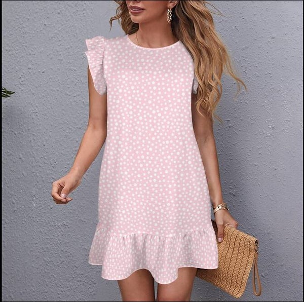 Round Neck Ruched Sleeve Ruffle Hem Dress