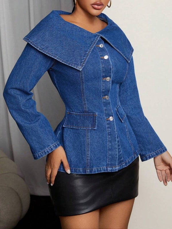 Cosmetics Button-Front Long Sleeve Denim Top