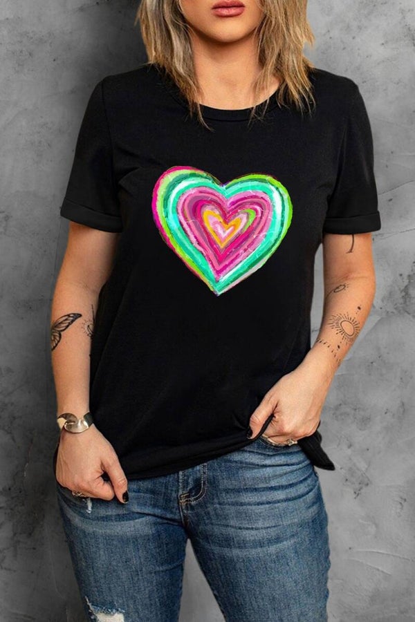 Heart Round Neck Short Sleeve T-Shirt — Sweet