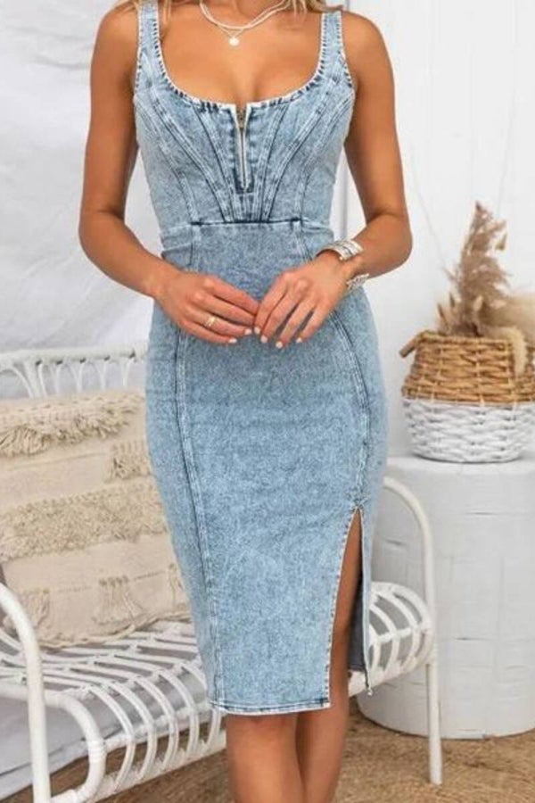 Effortlessly Chic Side Slit Washed Denim Dress