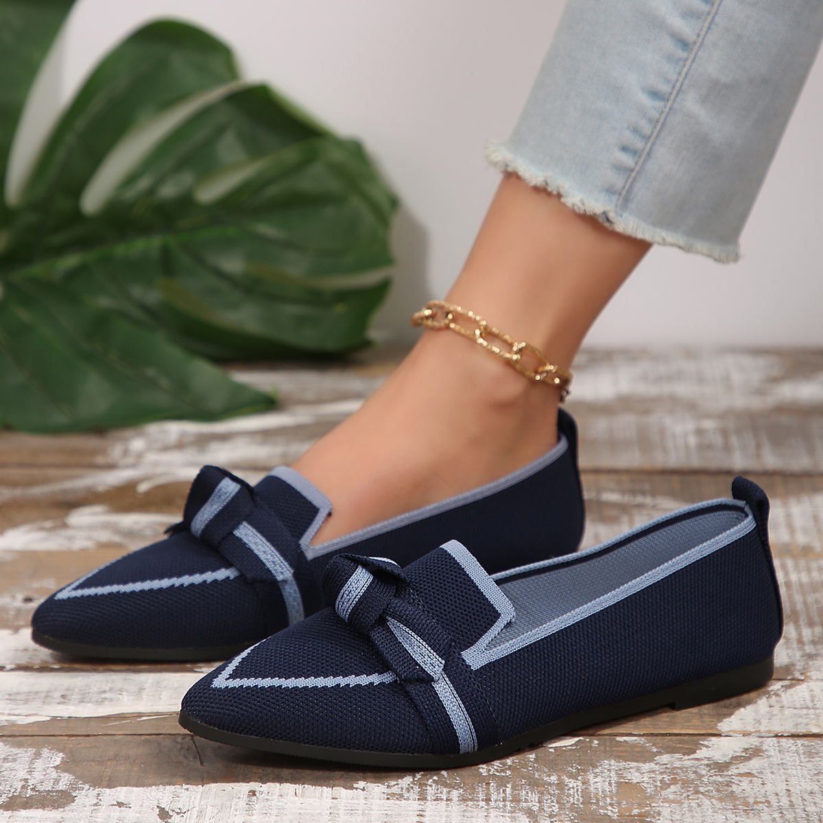 Yoma Bow Contrast Trim Pointed Toe Loafers – Elegant