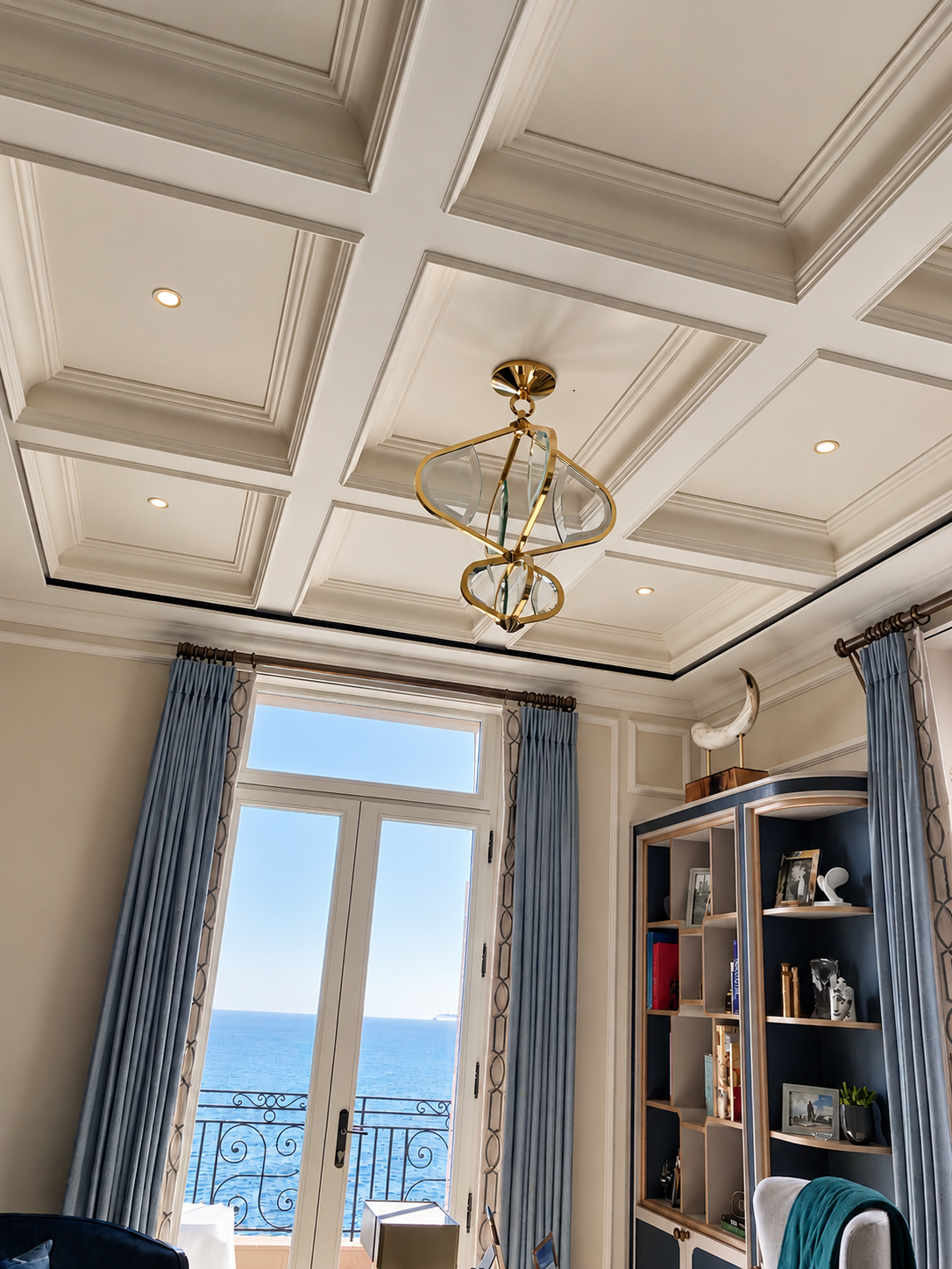Plafond à caissons et luminaire — photographie fournie pour AE STAFF