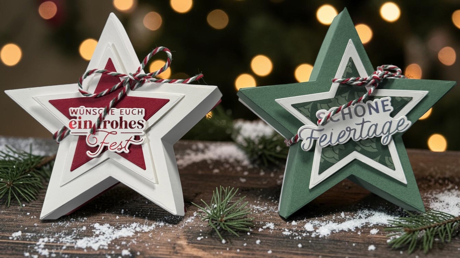Zwei dekorierte Sternenschachteln in weihnachtlichen Farben – eine schöne Idee für kleine Geschenke und Mitbringsel.