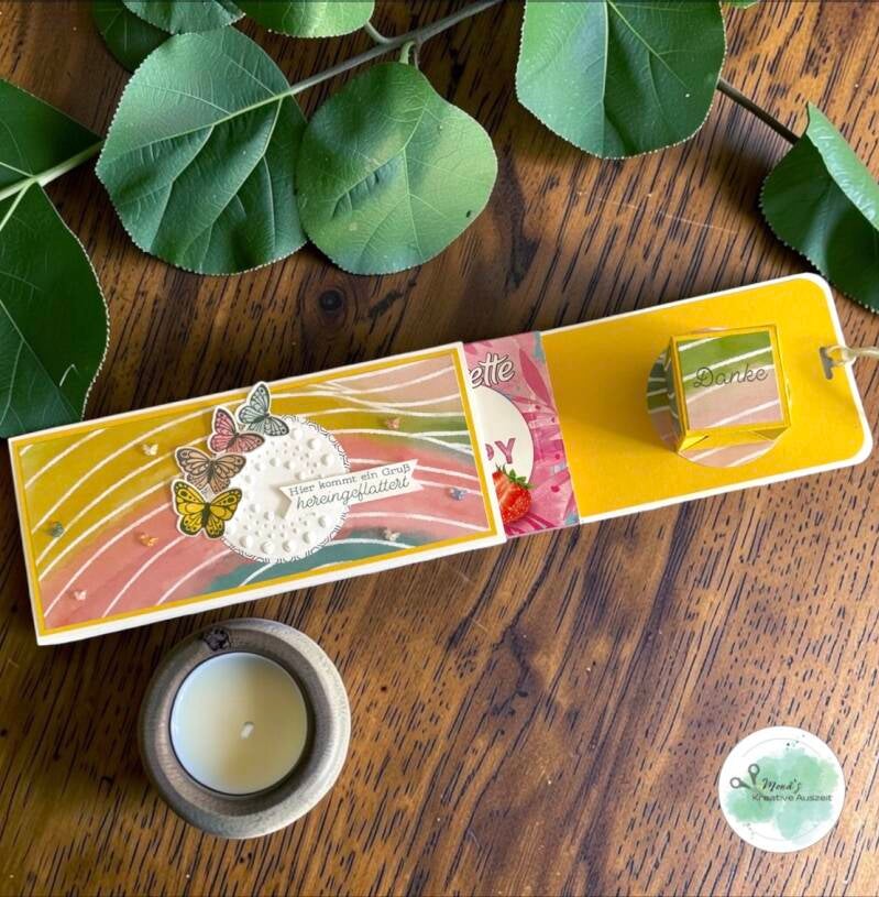 Schokoladenverpackung mit Pop-Up-Würfel und Stampin`Up! Produkt farbenfrohe Flügel