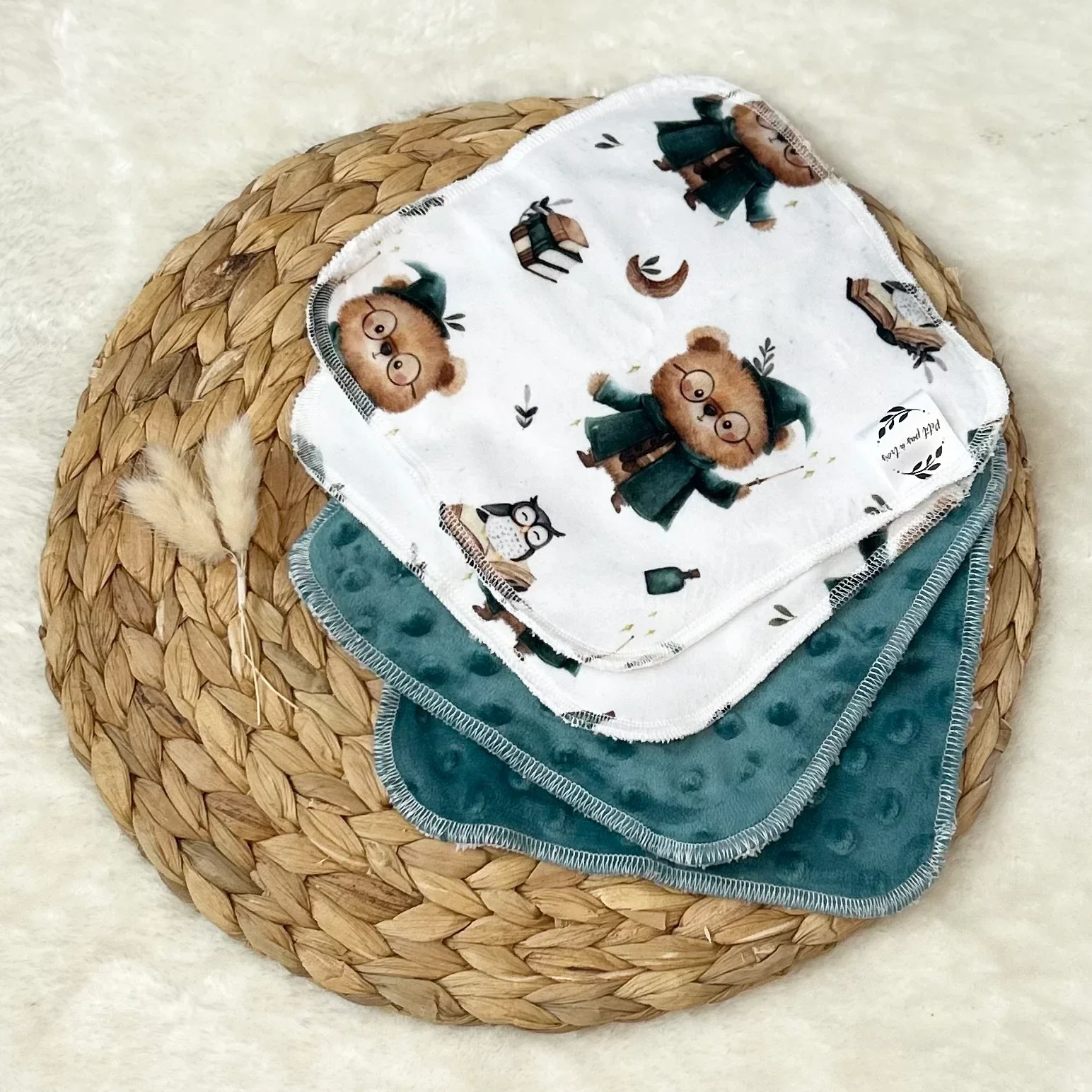 Débarbouillettes réversibles - Ourson magicien / Émeraude