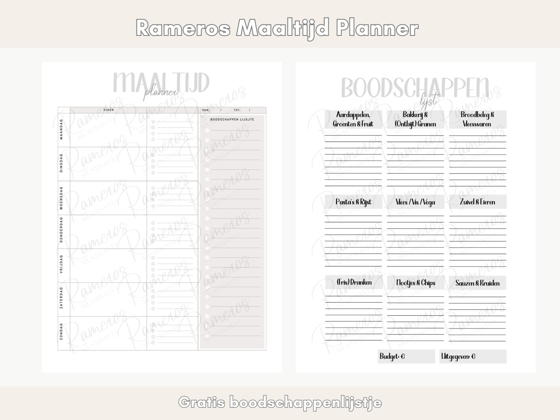 Printable - Maaltijd Planner - Tijdelijk met gratis boodschappenlijstje