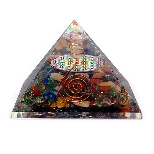 Pyramide de Fleur de vie colorée avec pointe de Cristal