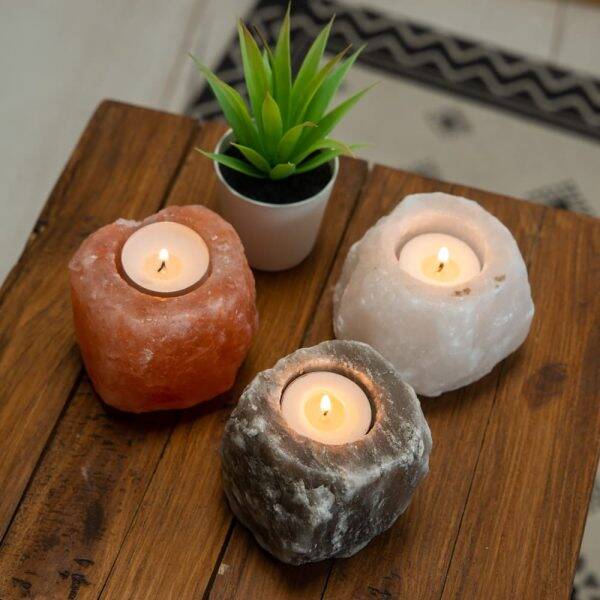 Lot de 3 Porte-Bougie en Pierre de Sel d'Himalaya