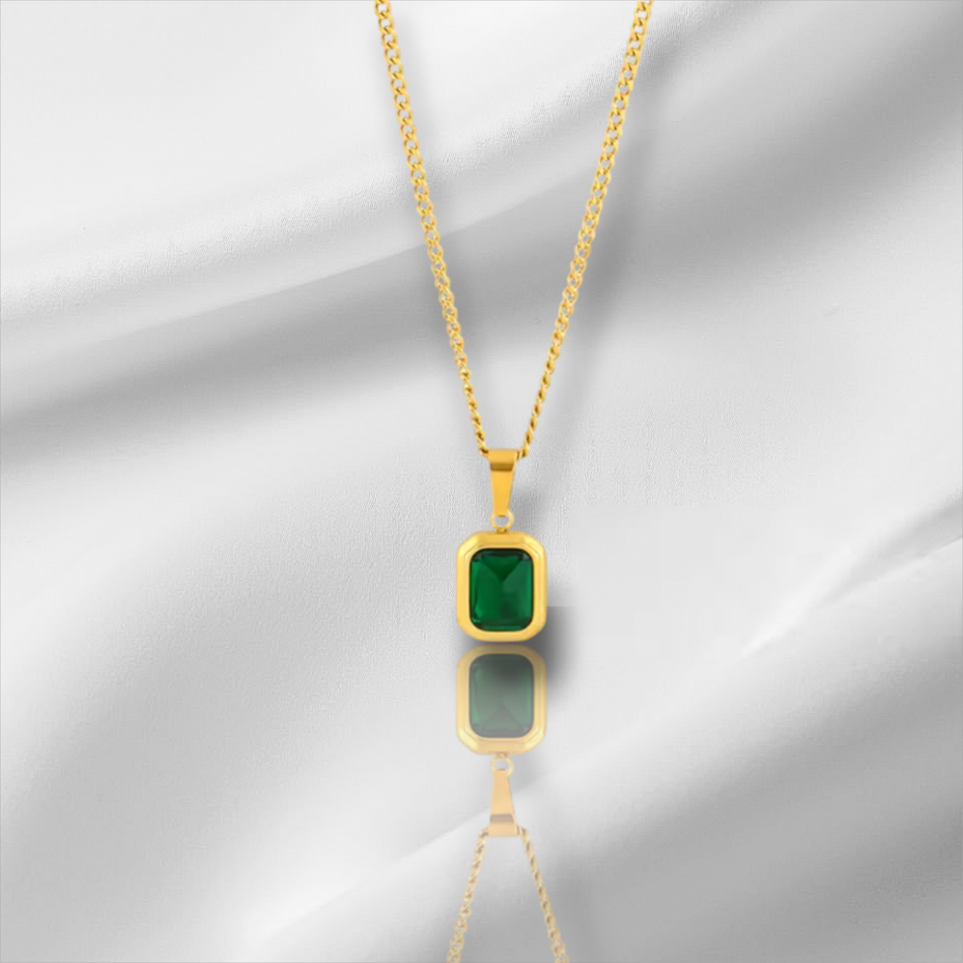 325L Stainless Steel Necklace. Green Zircon Square Pendant.
