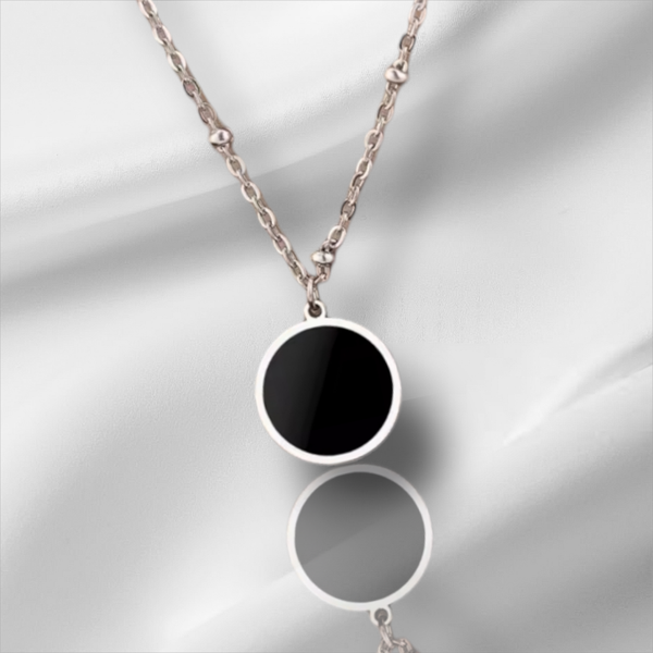 325L Stainless Steel Necklace. Black Disc Circle Pendant.