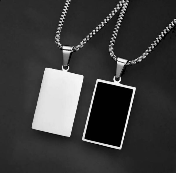 Stainless Steel Necklace Black Square Pendant-Silver.