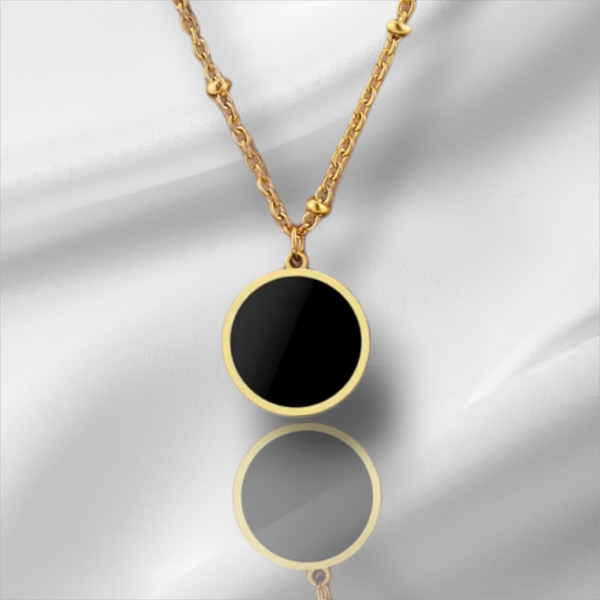 325L Stainless Steel Necklace. Black Disc Circle Pendant.