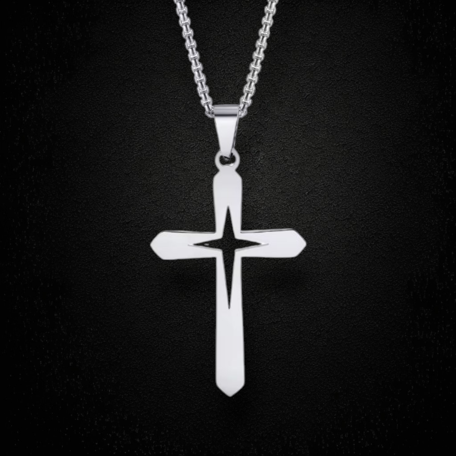 Star Cross Pendant Necklace. 325L Stainless Steel. Silver.