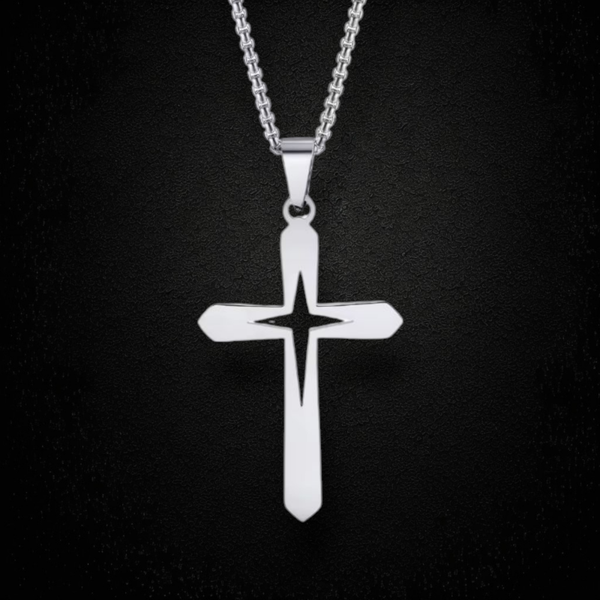 Star Cross Pendant Necklace. 325L Stainless Steel. Silver.