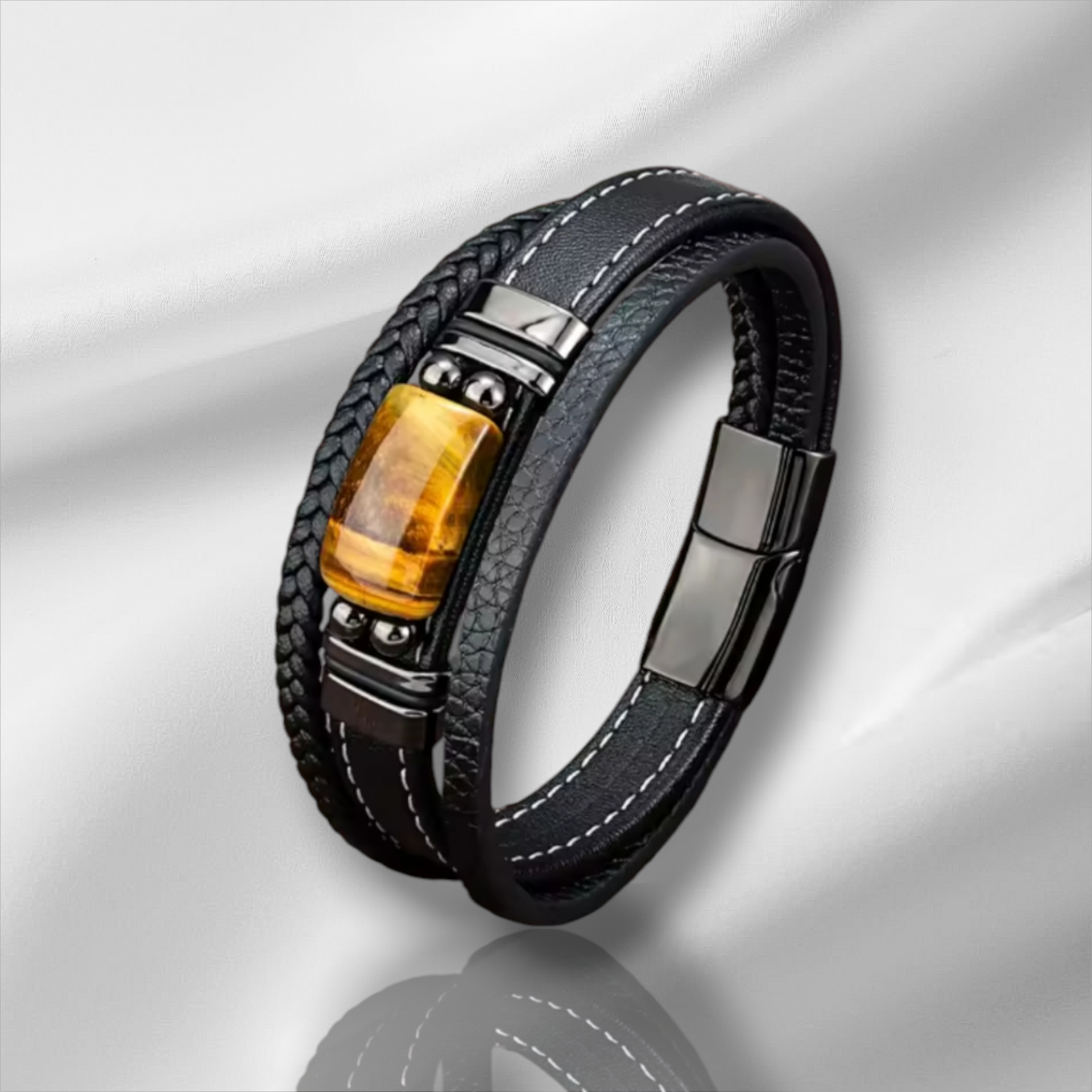 Leather bracelet with 1 yellow tiger's eye stone