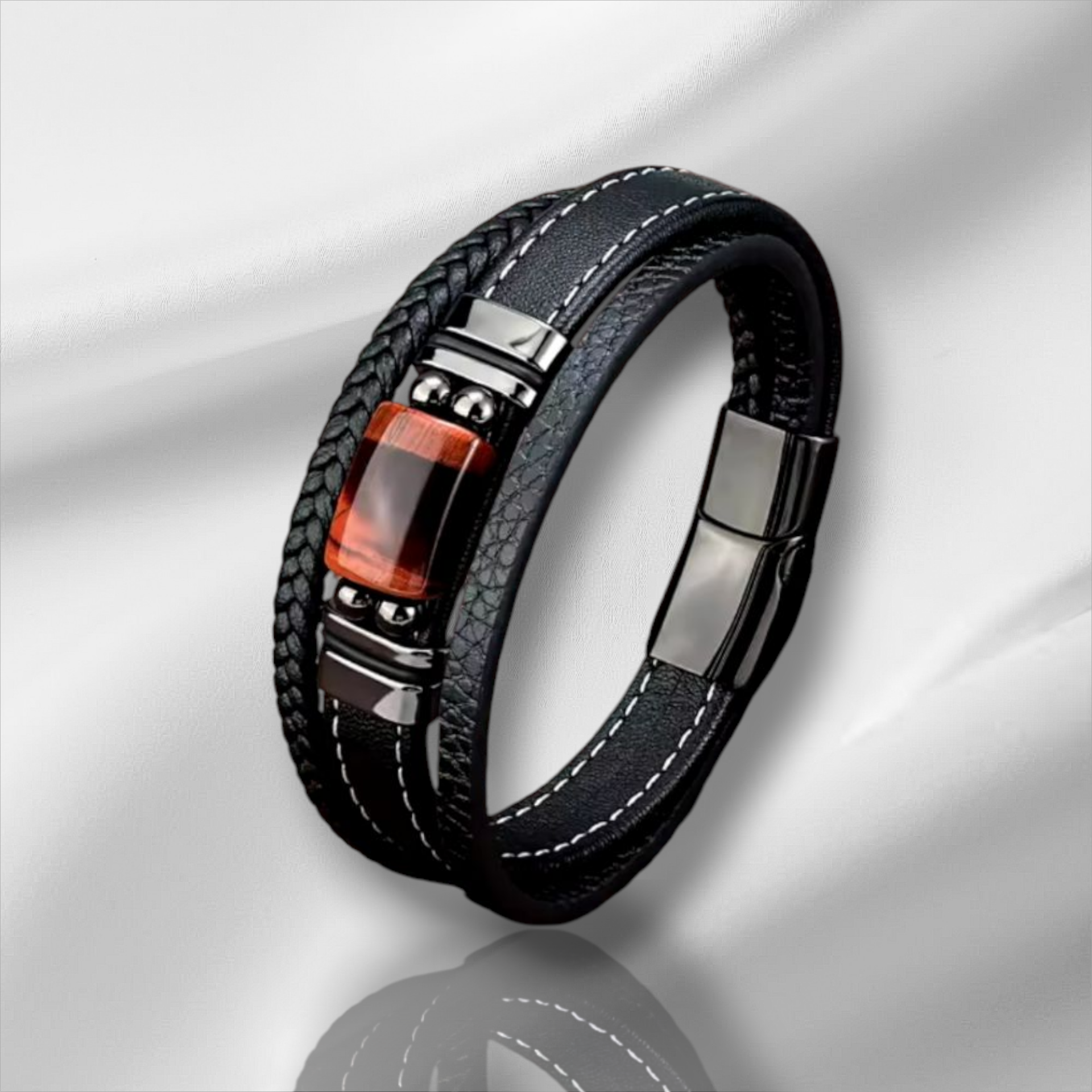 Leather bracelet with 1 dark red tiger's eye stone