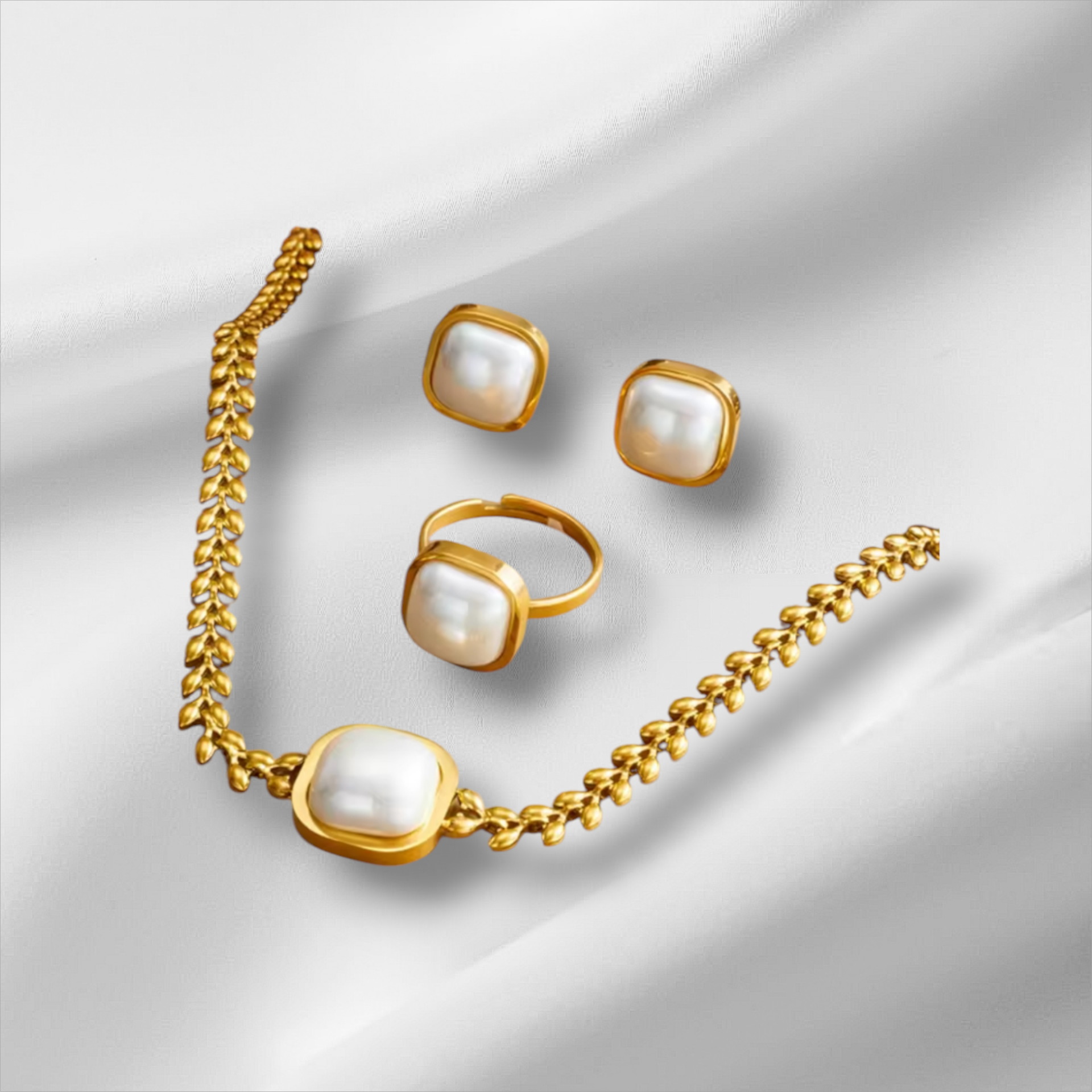 Large square synthetic pearl necklace, earrings and ring set made of 316L stainless steel.