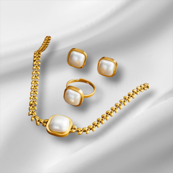 Large square synthetic pearl necklace, earrings and ring set made of 316L stainless steel.