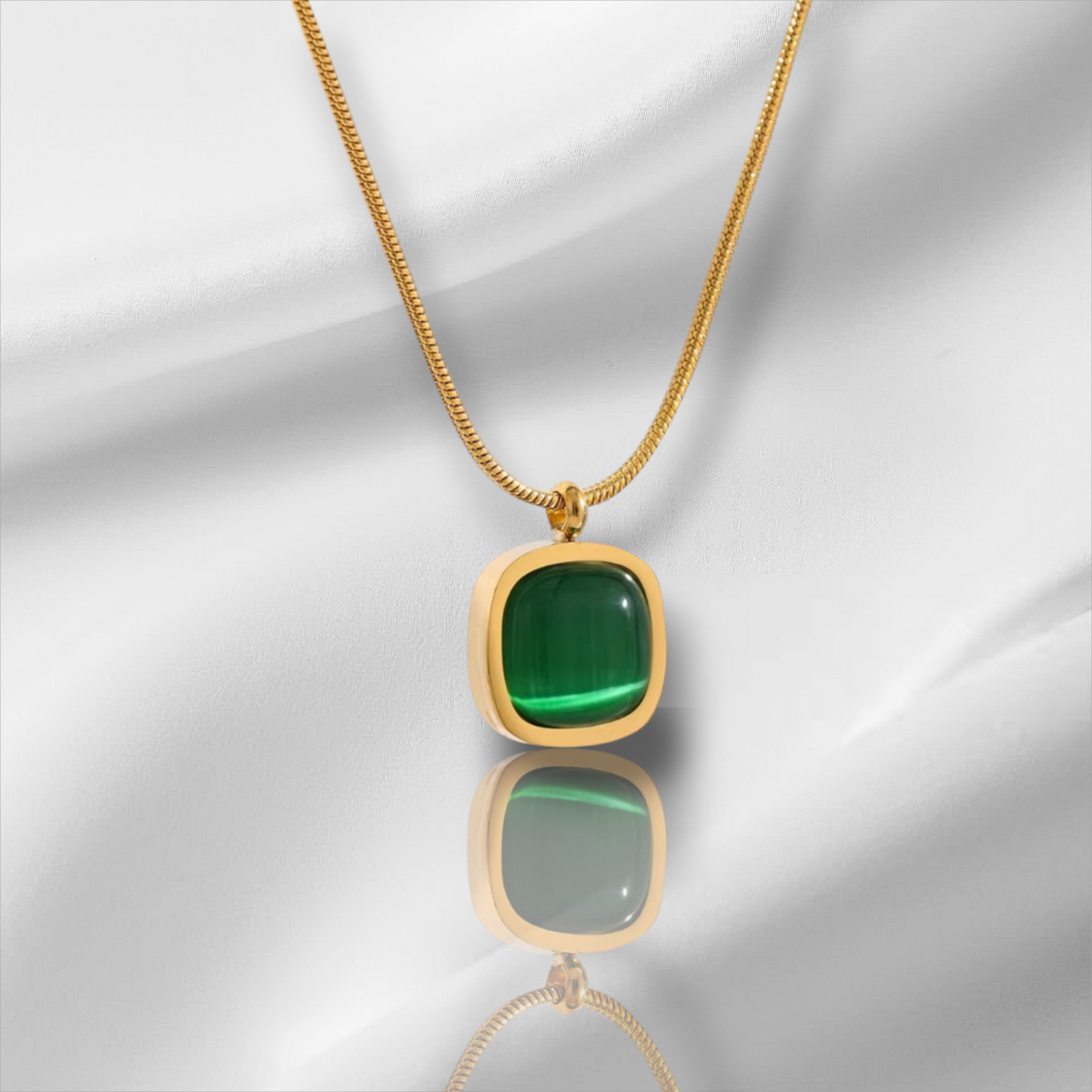 325L Stainless Steel Square Necklace. Green Opal Stone Pendant.