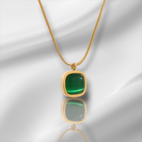 325L Stainless Steel Square Necklace. Green Opal Stone Pendant.