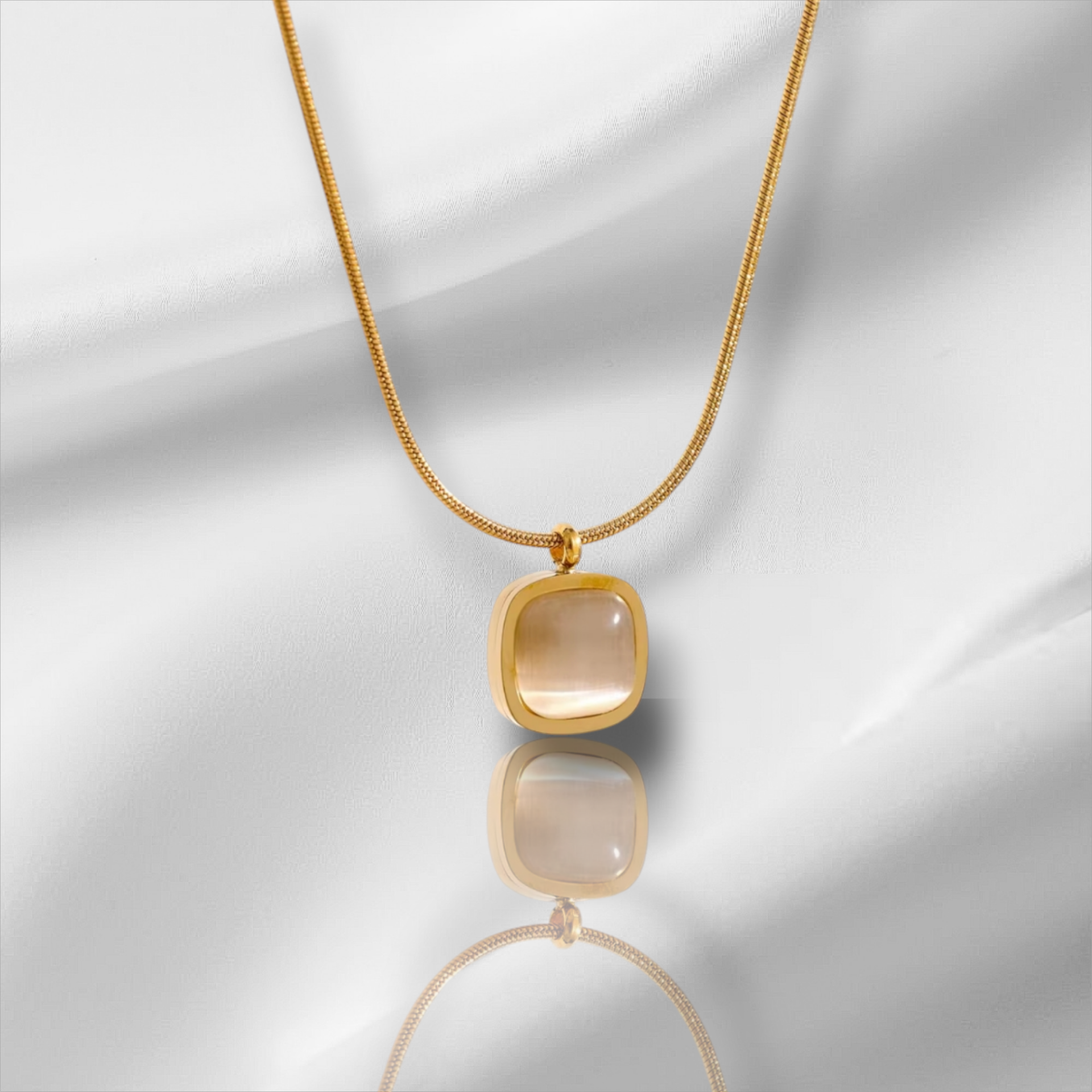 325L Stainless Steel Square Necklace. Colorless Opal Stone Pendant.