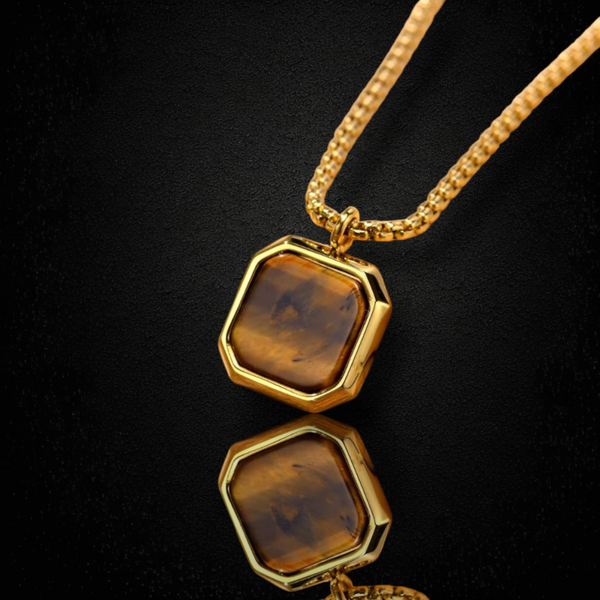 Stainless steel collar. Square of geometric polygon. Tiger's Eye stone.