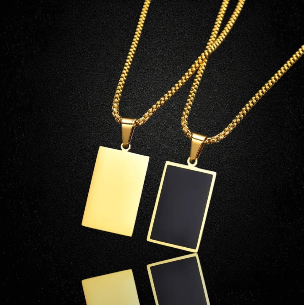 Stainless Steel Necklace Black Square Pendant-Gold.