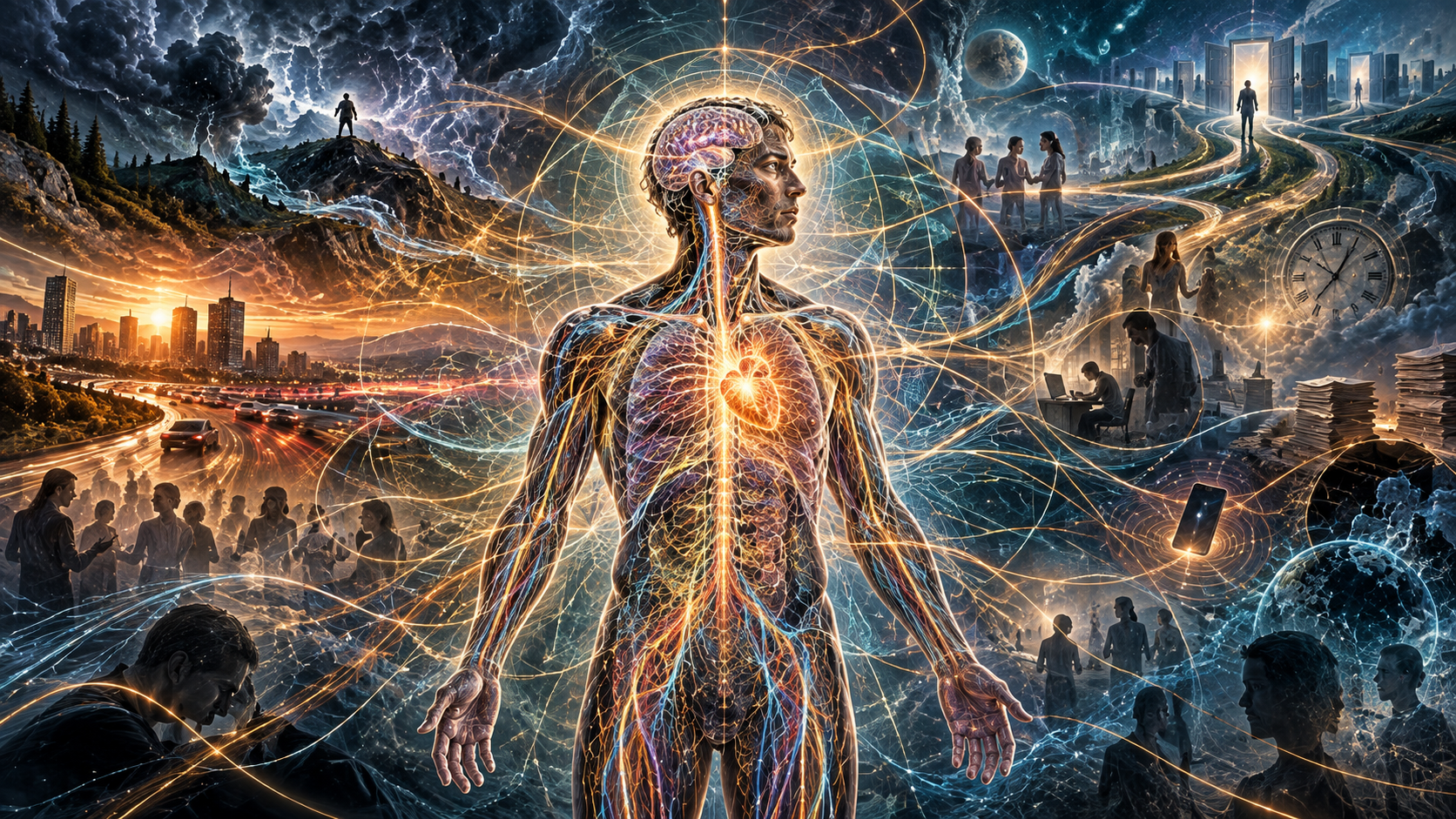 FSRT illustration of anxiety as anticipatory organization, showing the nervous system responding to uncertainty, relationships, environmental demands, and potential threats within the Living Field.