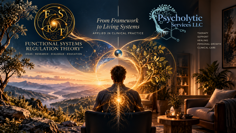Functional Systems Regulation Theory applied in clinical practice through Psycholytic Services, illustrating the relationship between living systems, regulation, therapeutic support, and sustainable change.