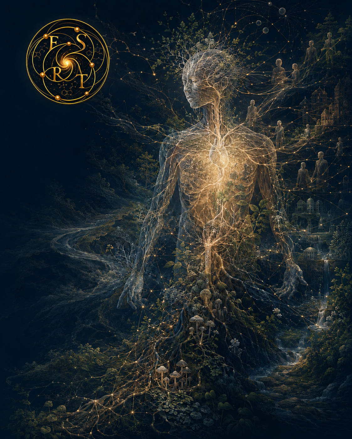 Functional Systems Regulation Theory illustration of a human being embedded within interconnected biological, relational, environmental, cultural, and larger living systems, representing how human experience emerges within the Living Field.