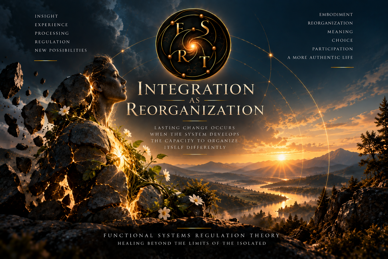 Integration as Reorganization in Functional Systems Regulation Theory, illustrating how insight and transformative experiences become sustainable patterns of relationship, behavior, capacity, and participation over time.