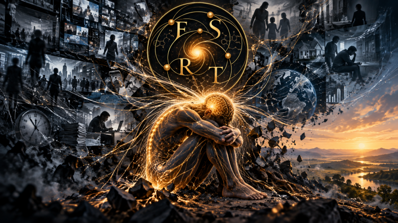 FSRT illustration of an overwhelmed person surrounded by social, technological, and environmental pressures, representing the regulatory burden placed on nervous systems when they are asked to adapt alone.