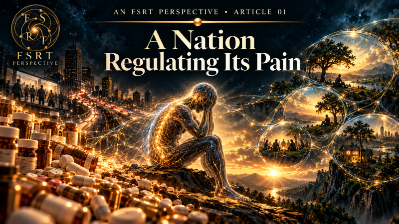 FSRT Perspective Article 01, A Nation Regulating Its Pain, illustrating pain, medication, human regulation, connection, and healing through the lens of Functional Systems Regulation Theory.